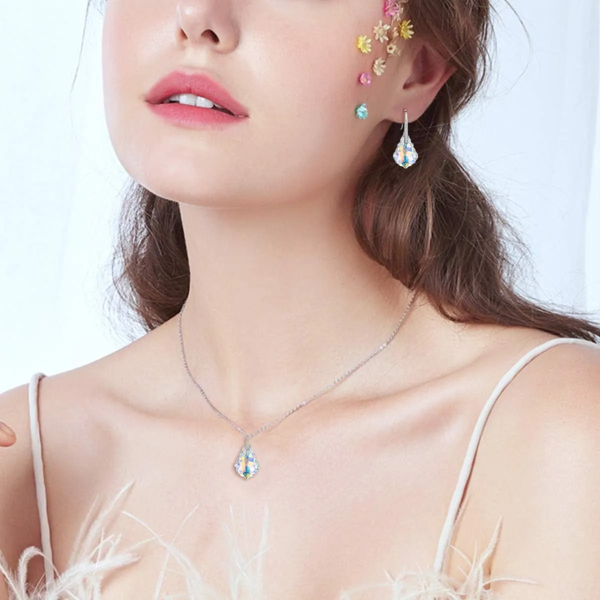 EleQueen 925 Sterling Silver CZ Baroque Drop Pendant Necklace Dangle Earrings Set Made with Austrian Crystal, Valentine's Day/Mother's Day/Christmas Jewelry Gift