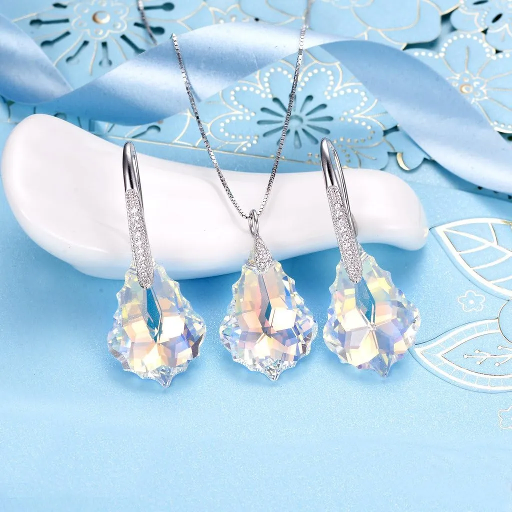 EleQueen 925 Sterling Silver CZ Baroque Drop Pendant Necklace Dangle Earrings Set Made with Austrian Crystal, Valentine's Day/Mother's Day/Christmas Jewelry Gift