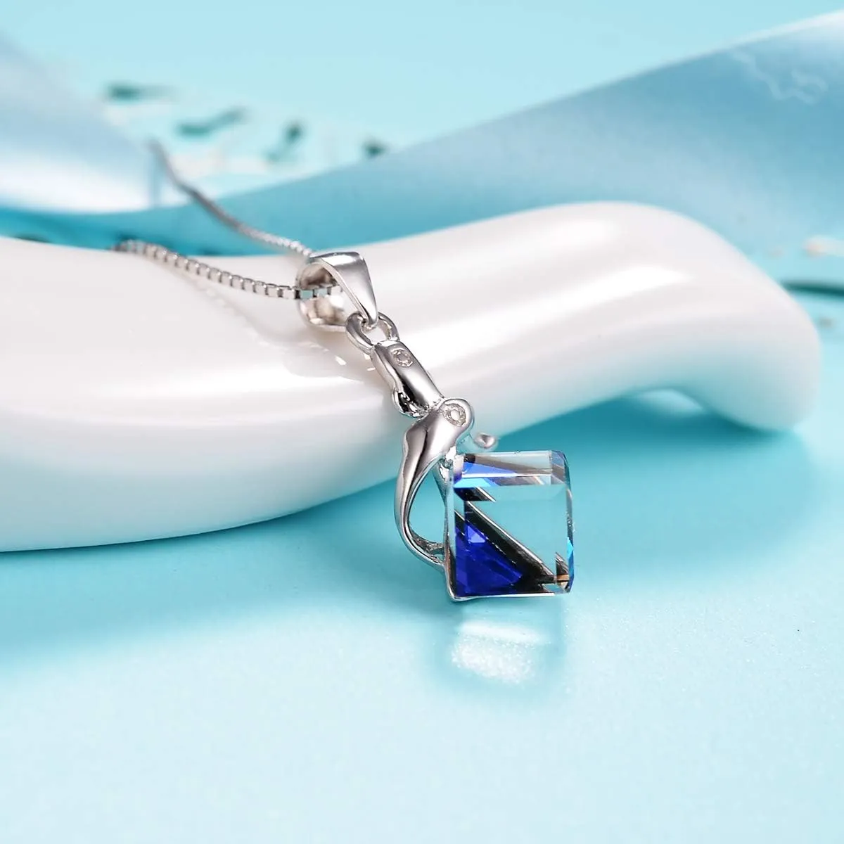 EleQueen 925 Sterling Silver Square Zodiac 12 Constellation Sign Pendant Necklace Blue Made with Austrian Crystals, Valentine's Day/Mother's Day/Christmas Jewelry Gift for Wife/Mom