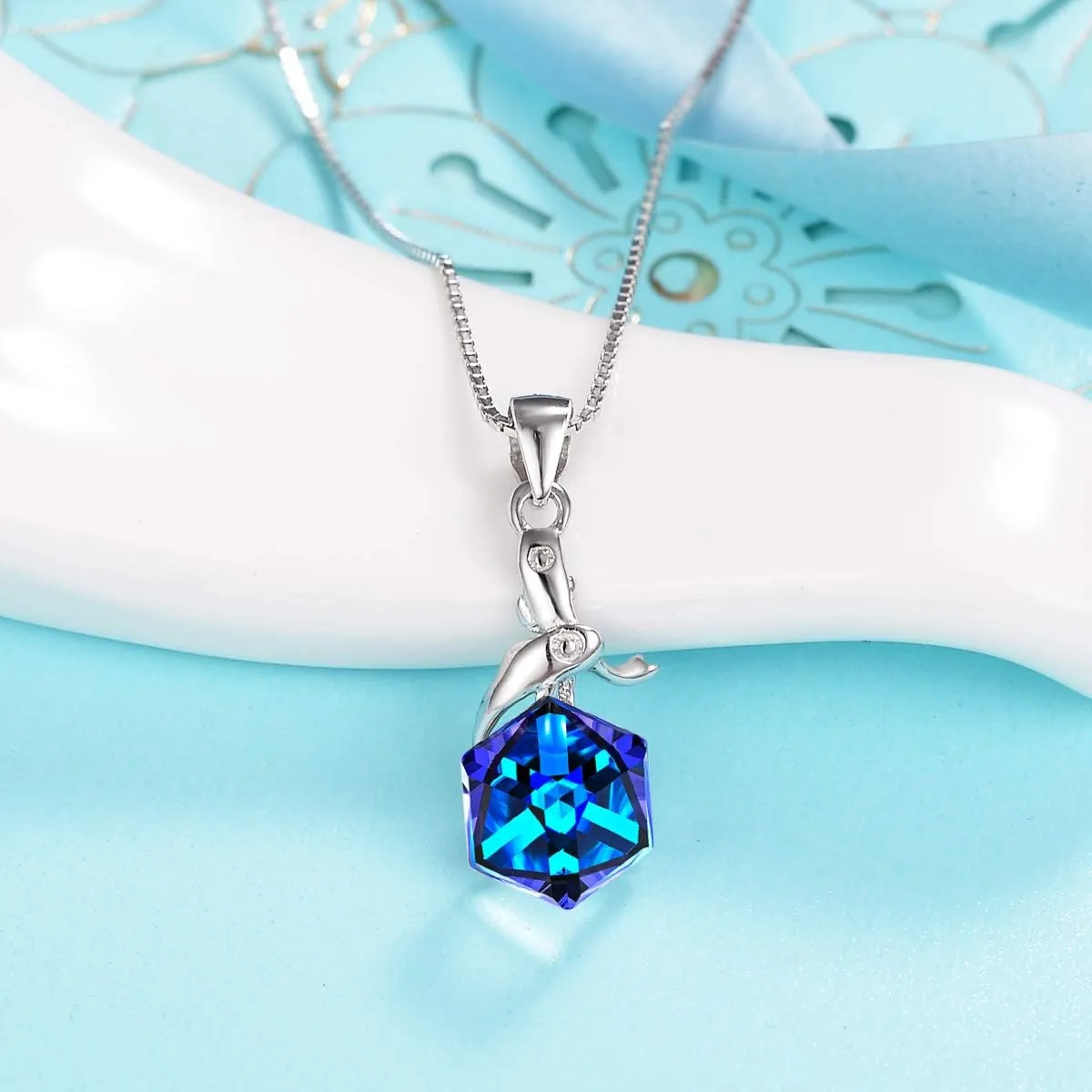 EleQueen 925 Sterling Silver Square Zodiac 12 Constellation Sign Pendant Necklace Blue Made with Austrian Crystals, Valentine's Day/Mother's Day/Christmas Jewelry Gift for Wife/Mom