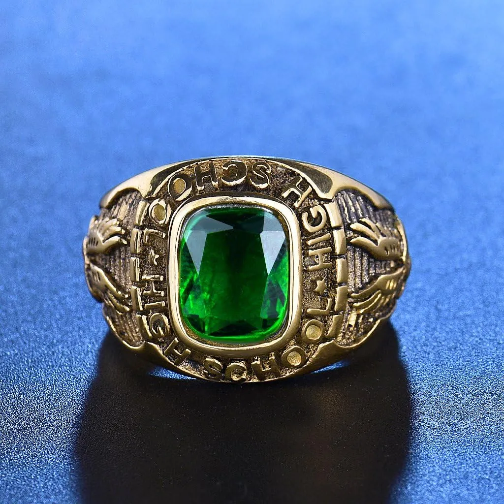 Emerald Color Green Stone Ring Stainless Steel Male Jewelry Eagle High School Rings Size 8-15