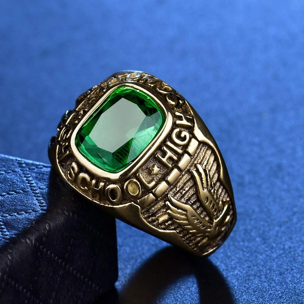 Emerald Color Green Stone Ring Stainless Steel Male Jewelry Eagle High School Rings Size 8-15