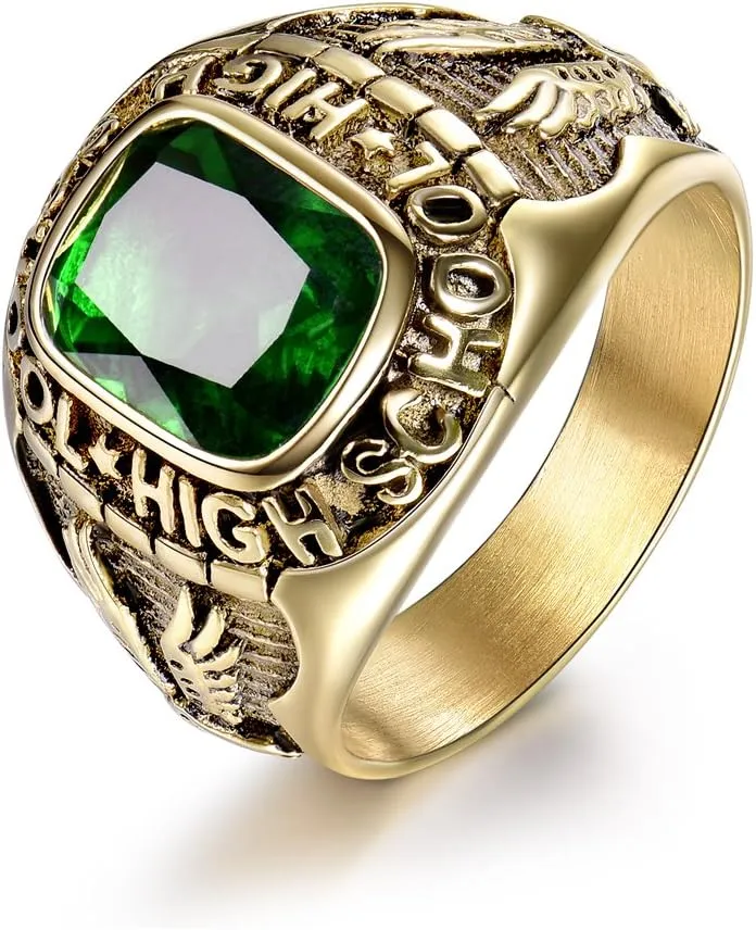 Emerald Color Green Stone Ring Stainless Steel Male Jewelry Eagle High School Rings Size 8-15