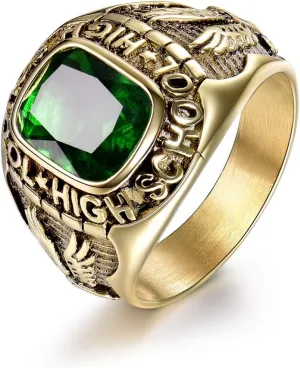 Emerald Color Green Stone Ring Stainless Steel Male Jewelry Eagle High School Rings Size 8-15