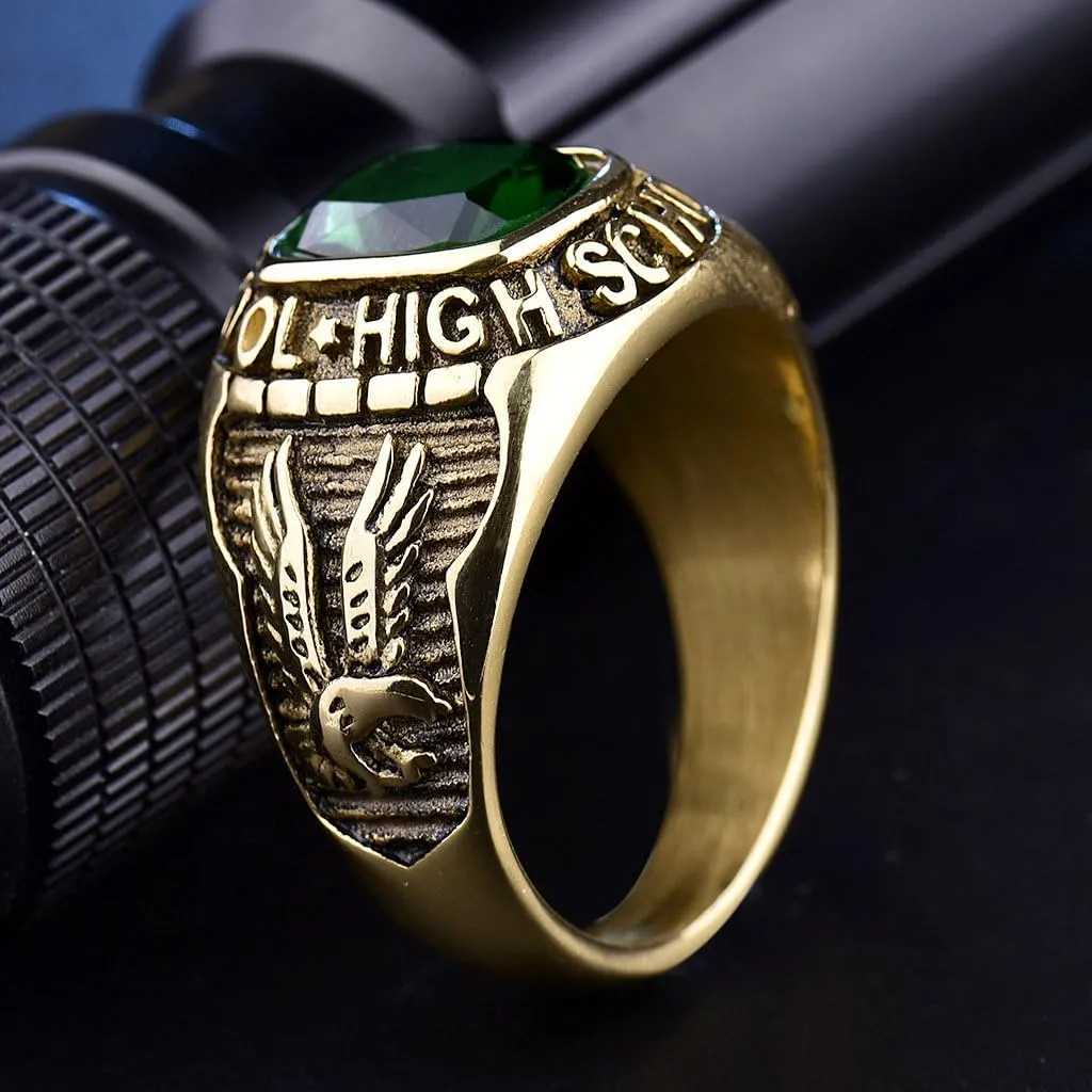 Emerald Color Green Stone Ring Stainless Steel Male Jewelry Eagle High School Rings Size 8-15
