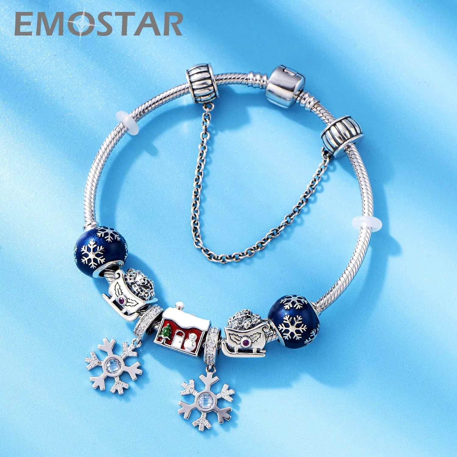 EMOSTAR Christmas Charms fits Xmas Bracelet, Christmas Bell Charm, Crystalized Snowflake, Festive Tree, Christmas House, Santa Claus Charms in 925 Sterling Silver, Celebration Gifts for Friend/Family