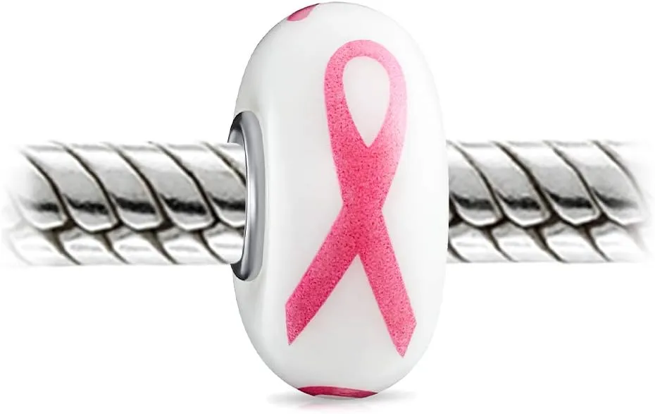 Empowering Elegance Pink Ribbon Awareness Enamel CZ Glass Dangle Breast Cancer Survivor Charm Bead For Women Genuine .925 Sterling Silver - Fits European Bracelet