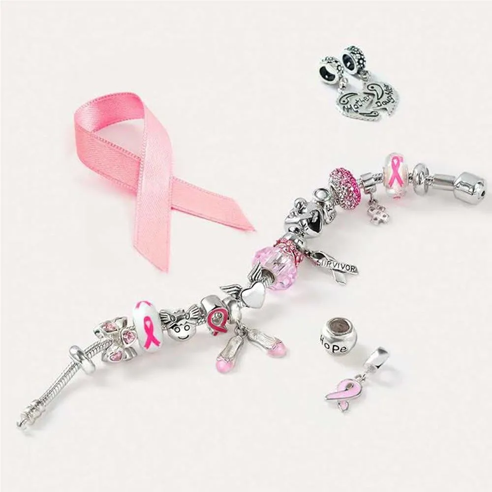 Empowering Elegance Pink Ribbon Awareness Enamel CZ Glass Dangle Breast Cancer Survivor Charm Bead For Women Genuine .925 Sterling Silver - Fits European Bracelet