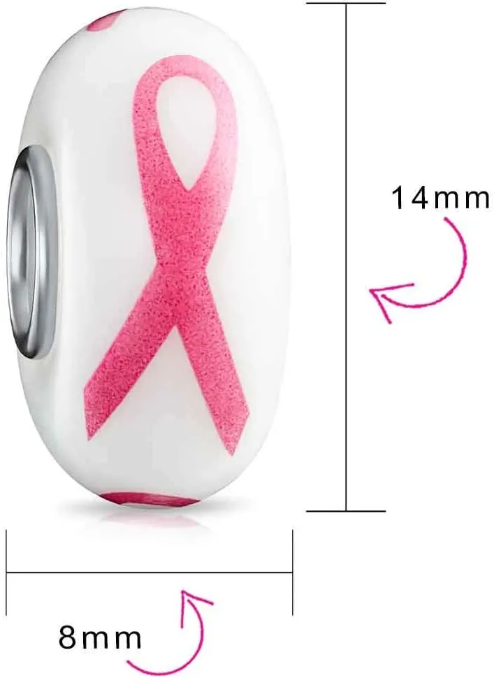 Empowering Elegance Pink Ribbon Awareness Enamel CZ Glass Dangle Breast Cancer Survivor Charm Bead For Women Genuine .925 Sterling Silver - Fits European Bracelet