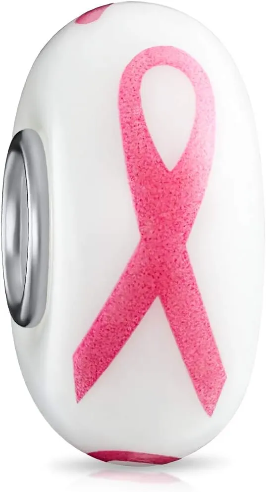 Empowering Elegance Pink Ribbon Awareness Enamel CZ Glass Dangle Breast Cancer Survivor Charm Bead For Women Genuine .925 Sterling Silver - Fits European Bracelet