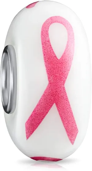 Empowering Elegance Pink Ribbon Awareness Enamel CZ Glass Dangle Breast Cancer Survivor Charm Bead For Women Genuine .925 Sterling Silver - Fits European Bracelet