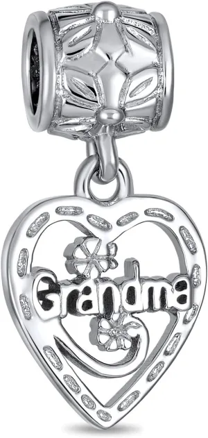 Engrave Word Nana Grandma God Mother BFF Word Heart Shape Puzzle Two Piece Split Dangle Bead Charm For Grandmother Crystal Accent Oxidized .925 Sterling Silver Fit European Bracelet