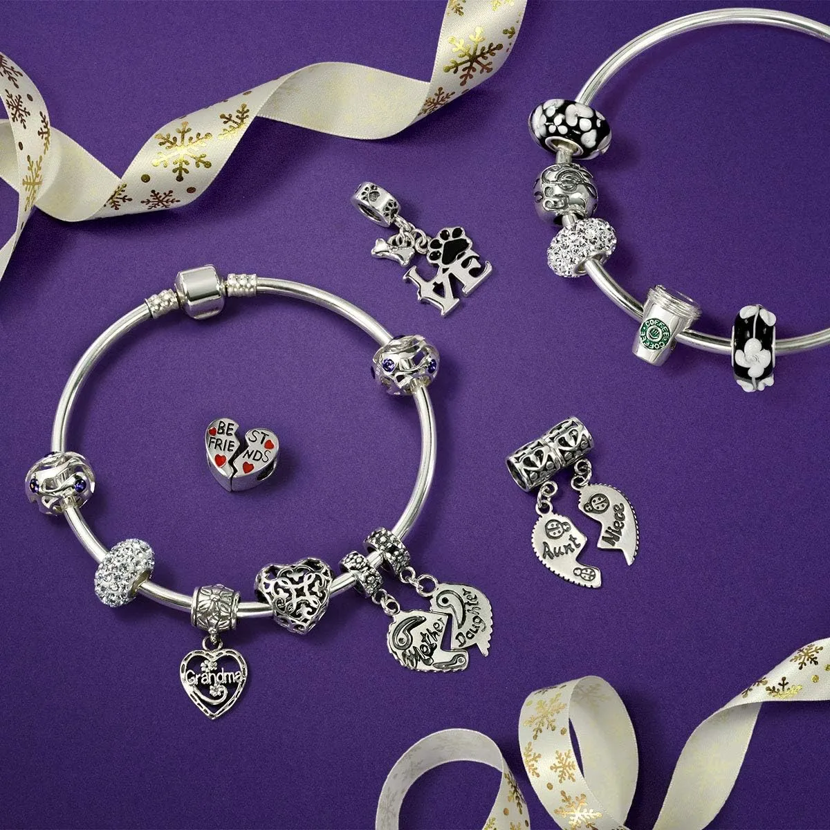 Engrave Word Nana Grandma God Mother BFF Word Heart Shape Puzzle Two Piece Split Dangle Bead Charm For Grandmother Crystal Accent Oxidized .925 Sterling Silver Fit European Bracelet