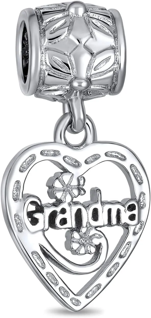Engrave Word Nana Grandma God Mother BFF Word Heart Shape Puzzle Two Piece Split Dangle Bead Charm For Grandmother Crystal Accent Oxidized .925 Sterling Silver Fit European Bracelet