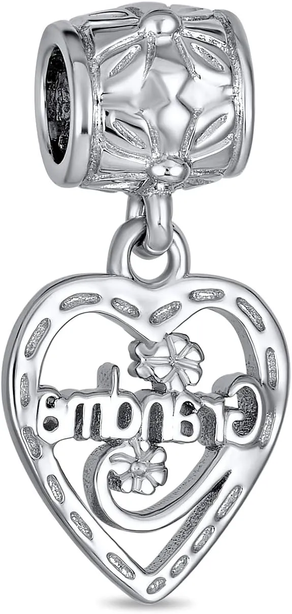 Engrave Word Nana Grandma God Mother BFF Word Heart Shape Puzzle Two Piece Split Dangle Bead Charm For Grandmother Crystal Accent Oxidized .925 Sterling Silver Fit European Bracelet