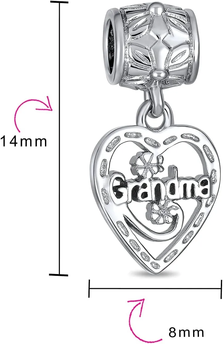 Engrave Word Nana Grandma God Mother BFF Word Heart Shape Puzzle Two Piece Split Dangle Bead Charm For Grandmother Crystal Accent Oxidized .925 Sterling Silver Fit European Bracelet