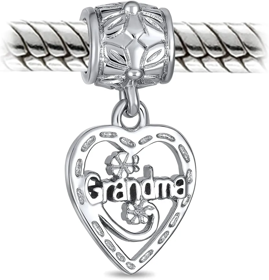 Engrave Word Nana Grandma God Mother BFF Word Heart Shape Puzzle Two Piece Split Dangle Bead Charm For Grandmother Crystal Accent Oxidized .925 Sterling Silver Fit European Bracelet