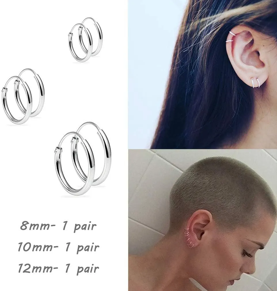 EPIRORA Silver Hoop Earrings- Cartilage Endless Small Hoop Earrings Set for Women Men, 3 Pairs of Hypoallergenic 925 Sterling Silver Tragus Earrings Nose Lip Rings