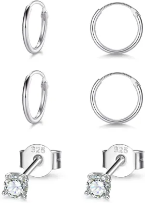EPIRORA Sterling Silver Stud Earrings Small Cartilage Hoop Earrings for Women Men- 3 Pairs of Hypoallergenic Tiny 3mm Cubic Zirconia Round Ball Earrings & 10mm/12mm Cartilage Earring Hoops