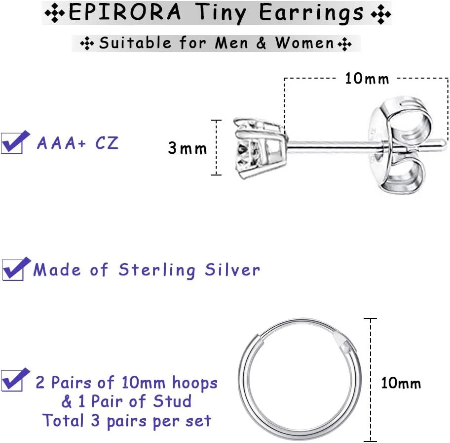 EPIRORA Sterling Silver Stud Earrings Small Cartilage Hoop Earrings for Women Men- 3 Pairs of Hypoallergenic Tiny 3mm Cubic Zirconia Round Ball Earrings & 10mm/12mm Cartilage Earring Hoops