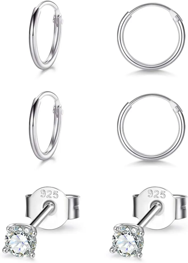 EPIRORA Sterling Silver Stud Earrings Small Cartilage Hoop Earrings for Women Men- 3 Pairs of Hypoallergenic Tiny 3mm Cubic Zirconia Round Ball Earrings & 10mm/12mm Cartilage Earring Hoops