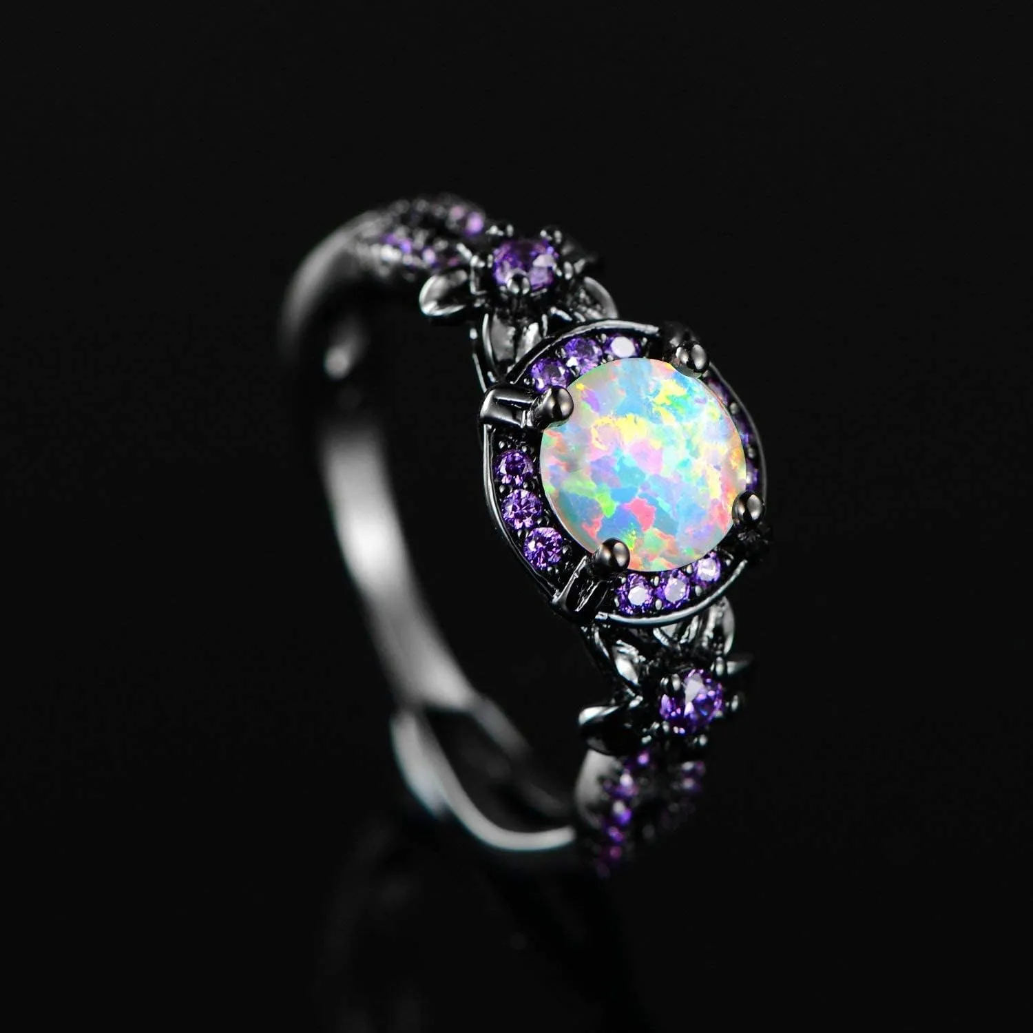 Eternity Ring for Women 18K Black Gold Plated Created Opal/Mystic Topaz Wedding Engagement Infinisty Band