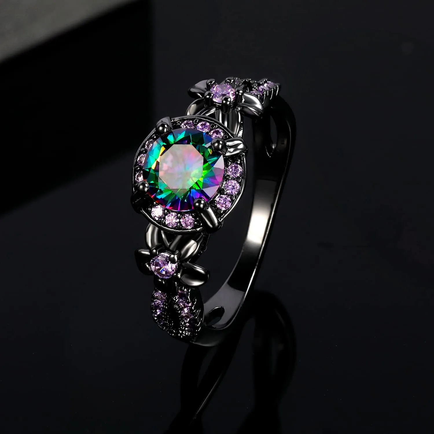 Eternity Ring for Women 18K Black Gold Plated Created Opal/Mystic Topaz Wedding Engagement Infinisty Band