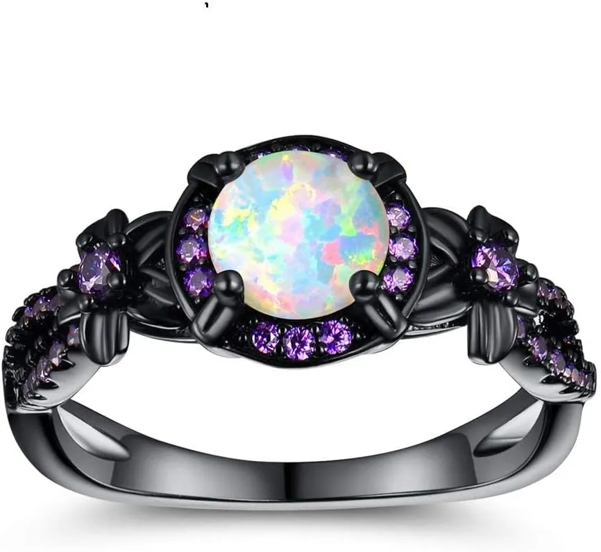 Eternity Ring for Women 18K Black Gold Plated Created Opal/Mystic Topaz Wedding Engagement Infinisty Band