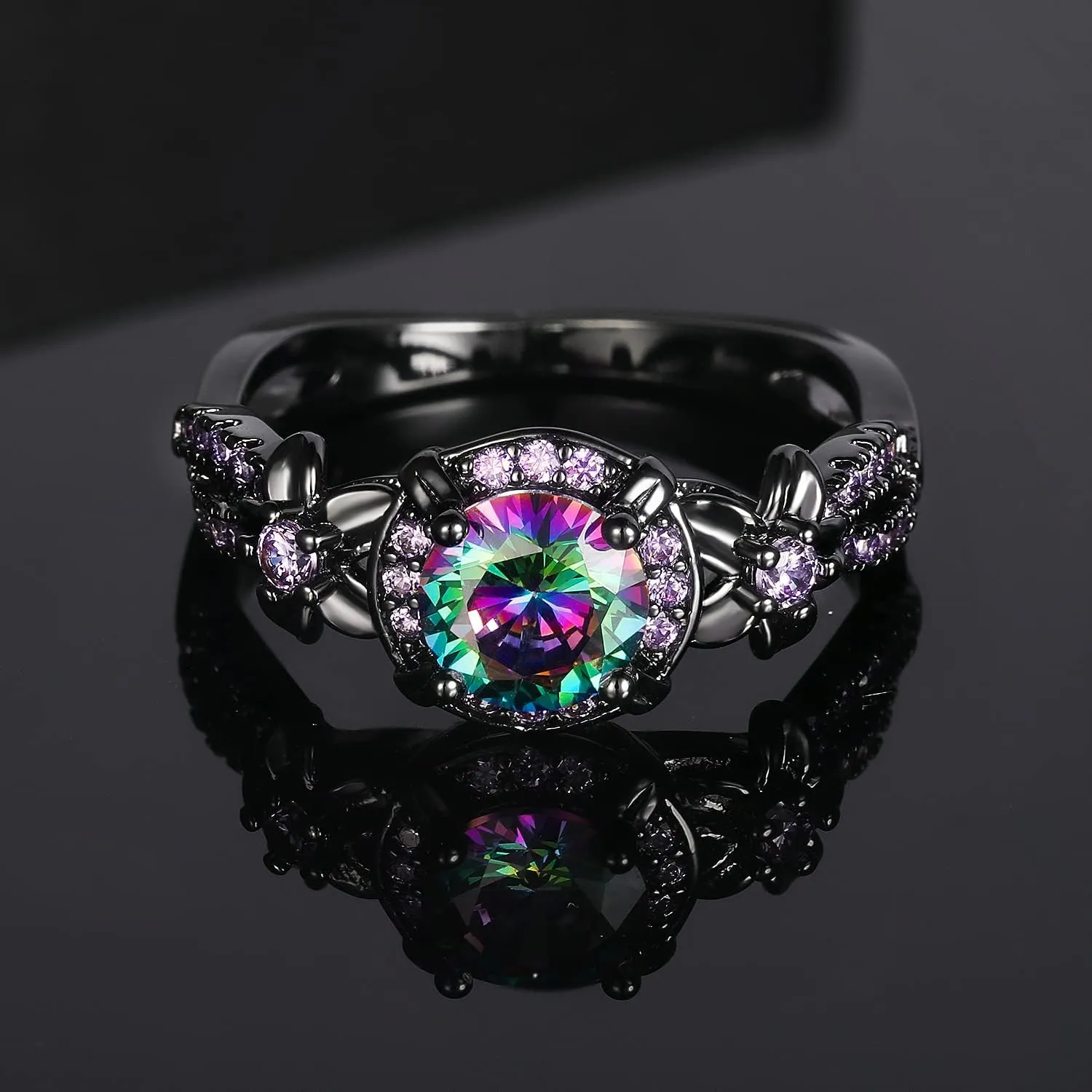 Eternity Ring for Women 18K Black Gold Plated Created Opal/Mystic Topaz Wedding Engagement Infinisty Band