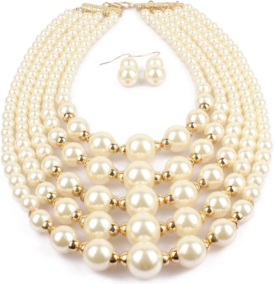Exaggerated pearl multi -layer Necklace earring jewelry set for Women's and girls gifts