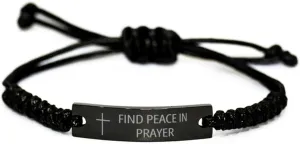 Faith Hope Love Black Rope Bracelet - Find Peace In Prayer - Best Quote Cross Engraved Bracelet Confirmation Communion Baptism Birthday Christmas Gifts For Men Women