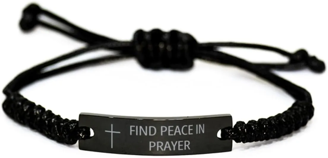 Faith Hope Love Black Rope Bracelet - Find Peace In Prayer - Best Quote Cross Engraved Bracelet Confirmation Communion Baptism Birthday Christmas Gifts For Men Women