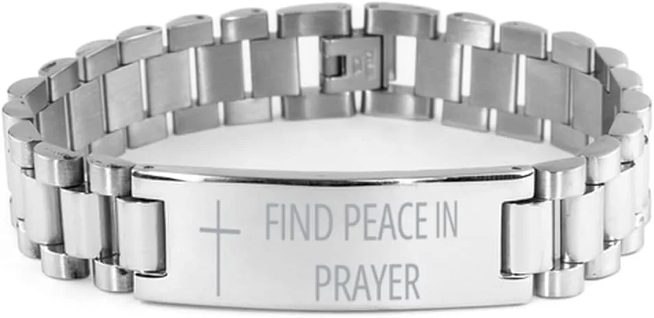 Faith Hope Love Ladder Stainless Steel Bracelet - Find Peace In Prayer - Best Quote Cross Engraved Bracelet Confirmation Communion Baptism Birthday Christmas Gifts For Men Women