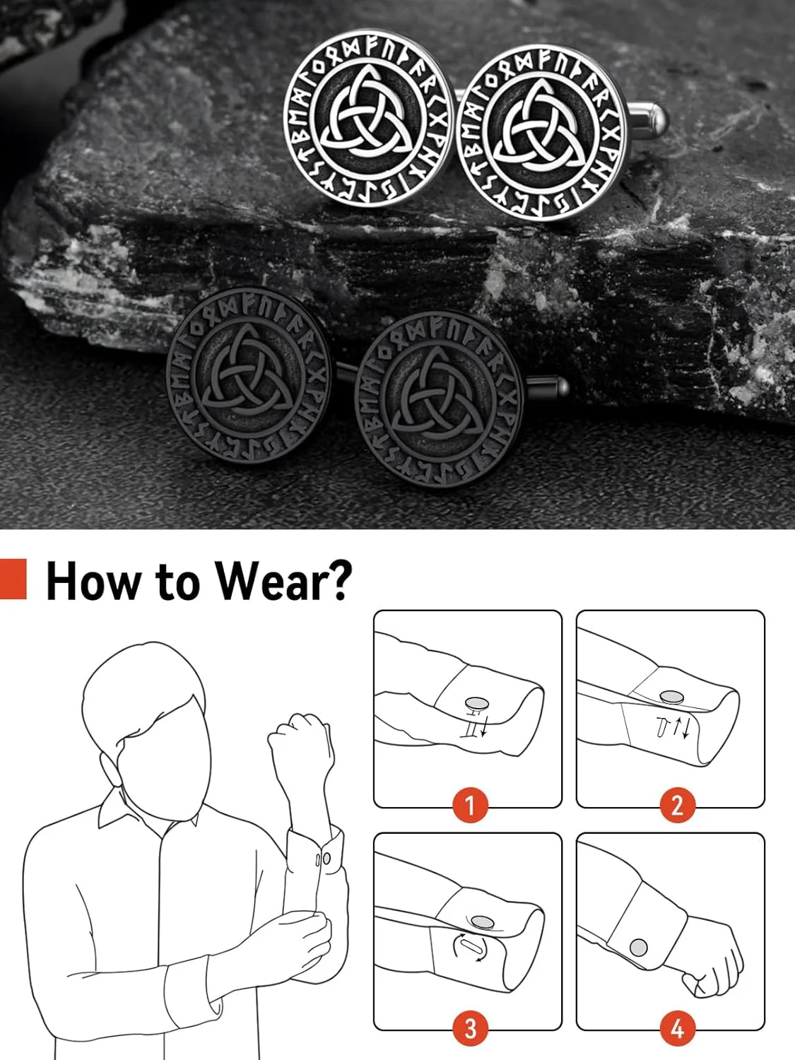 FaithHeart Mens Cufflinks, Norse Viking Tuxedo Shirt Cuff Links, Stainless Steel Cuff Links and Shirt Studs, Gift Box
