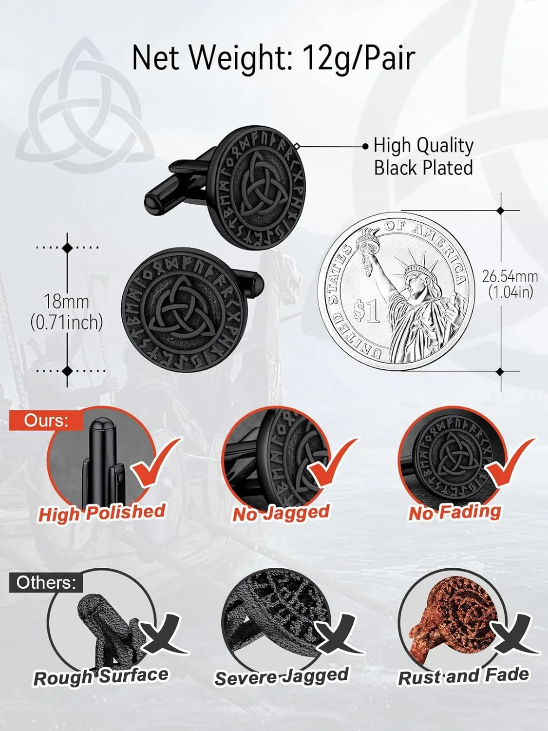 FaithHeart Mens Cufflinks, Norse Viking Tuxedo Shirt Cuff Links, Stainless Steel Cuff Links and Shirt Studs, Gift Box