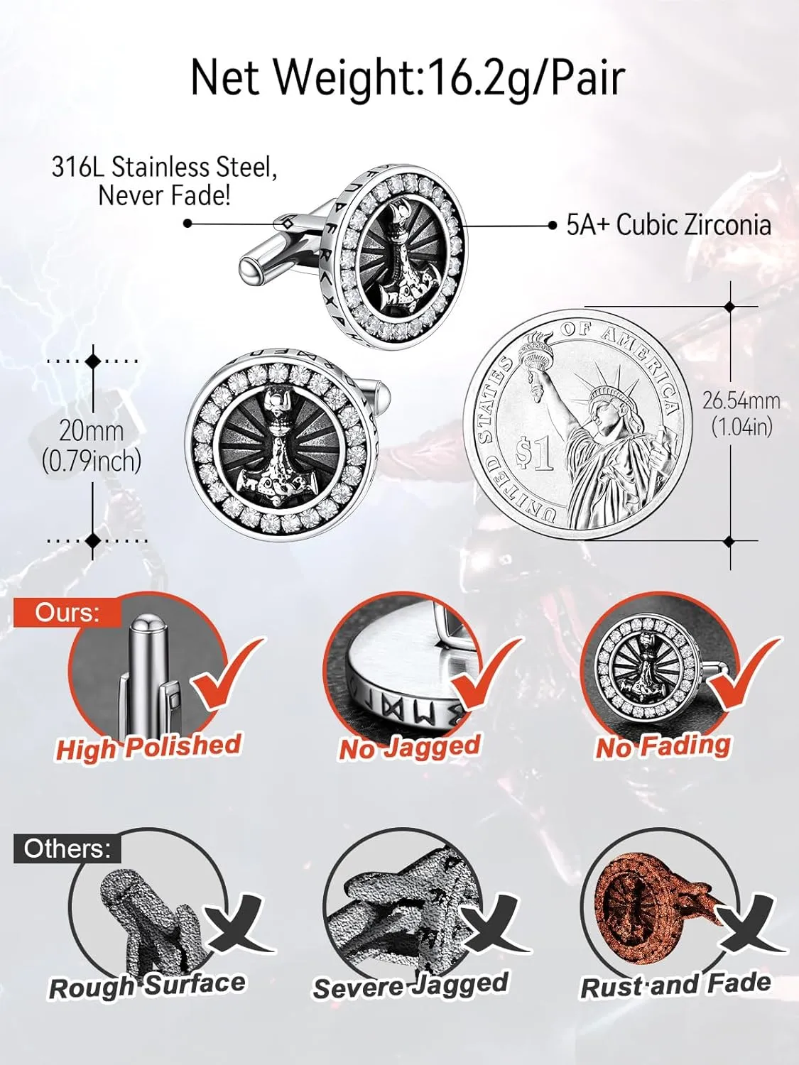 FaithHeart Mens Cufflinks, Norse Viking Tuxedo Shirt Cuff Links, Stainless Steel Cuff Links and Shirt Studs, Gift Box