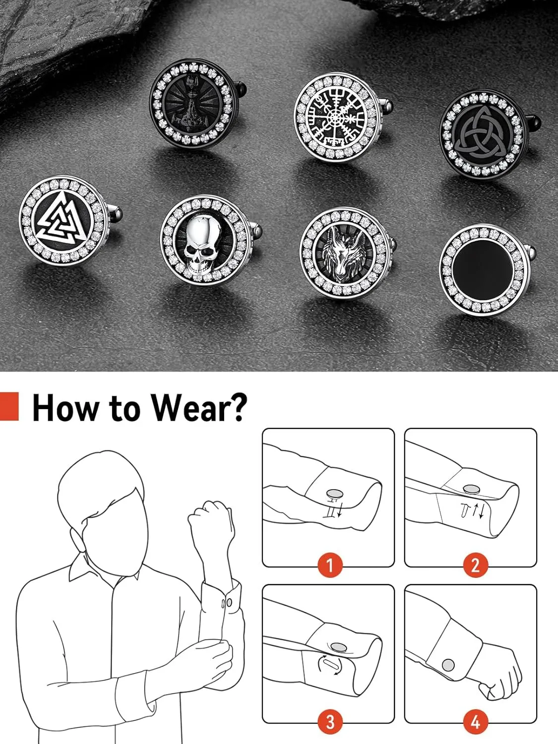 FaithHeart Mens Cufflinks, Norse Viking Tuxedo Shirt Cuff Links, Stainless Steel Cuff Links and Shirt Studs, Gift Box