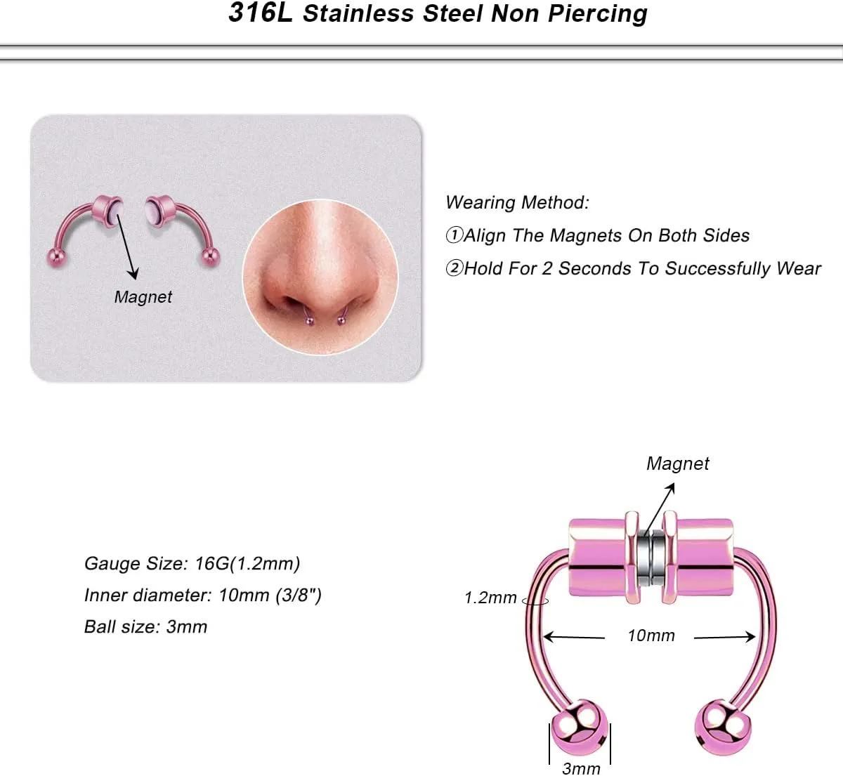 Fake Nose Rings, Magnetic Septum Rings, Colorful Horseshoe Stainless Steel Nose Hoop Jewelry
