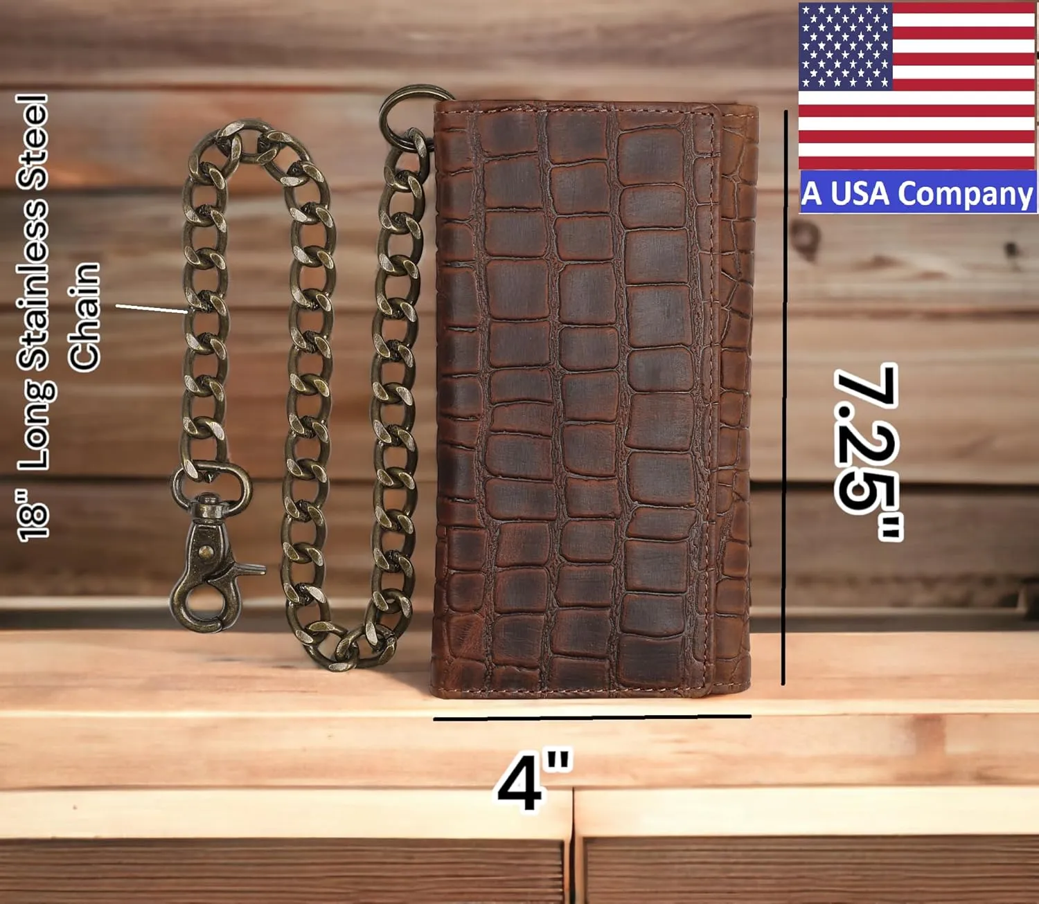 F&L CLASSIC RFID Blocking Mens Tri-fold Long Style buffalo crazy horse Leather Steel Chain Wallet,Crocodile style brown,212-20