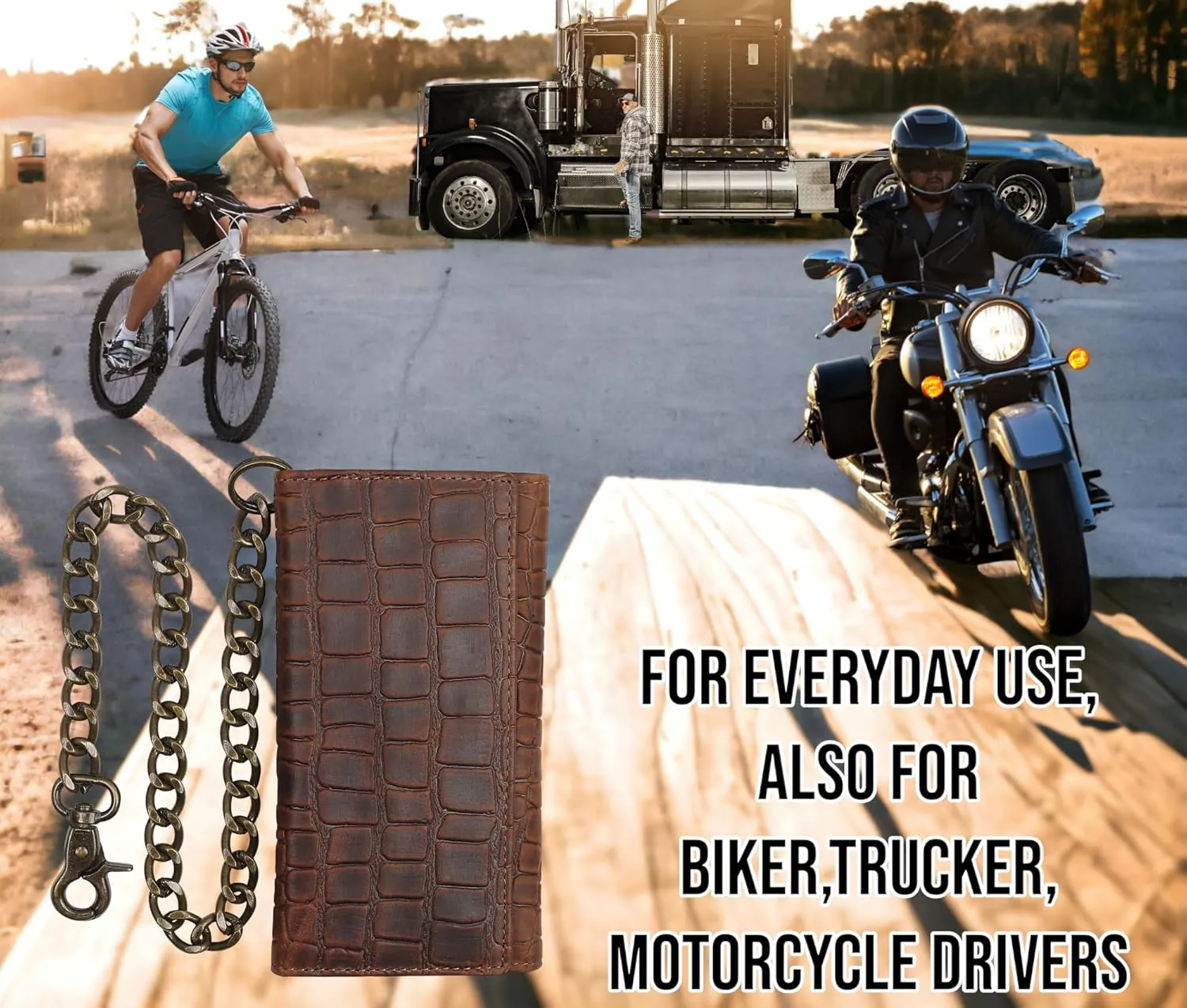 F&L CLASSIC RFID Blocking Mens Tri-fold Long Style buffalo crazy horse Leather Steel Chain Wallet,Crocodile style brown,212-20