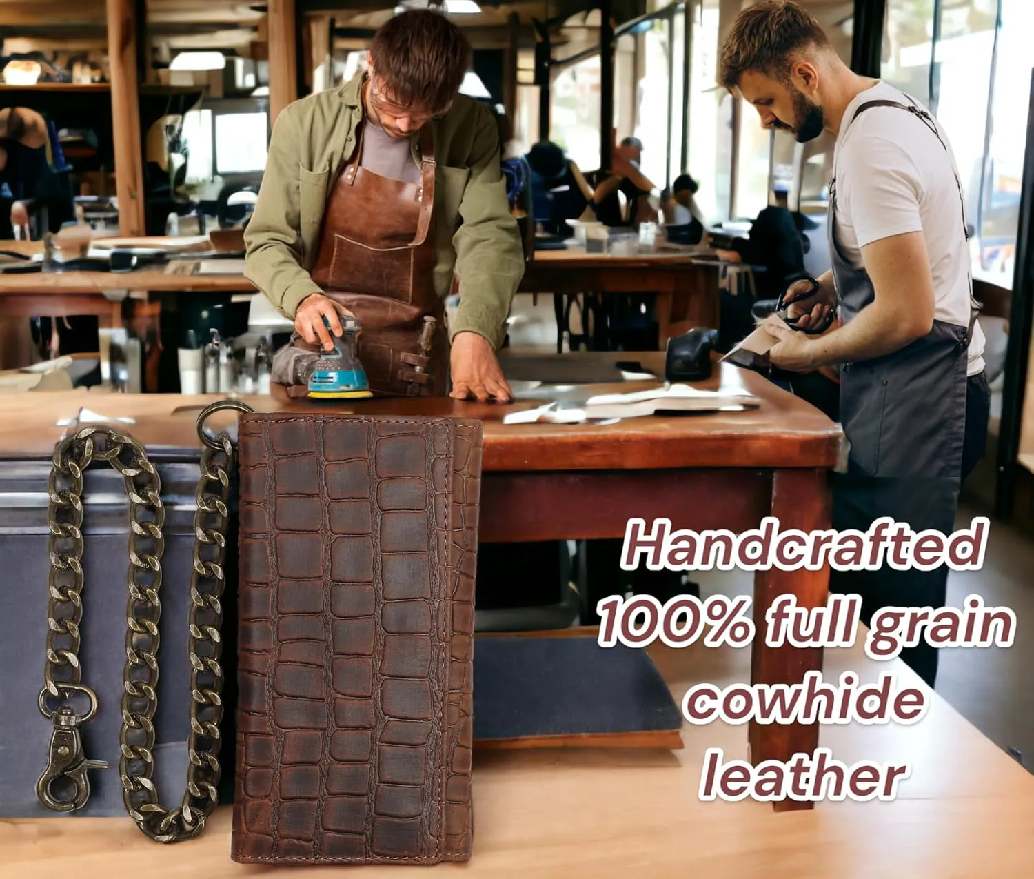 F&L CLASSIC RFID Blocking Mens Tri-fold Long Style buffalo crazy horse Leather Steel Chain Wallet,Crocodile style brown,212-20