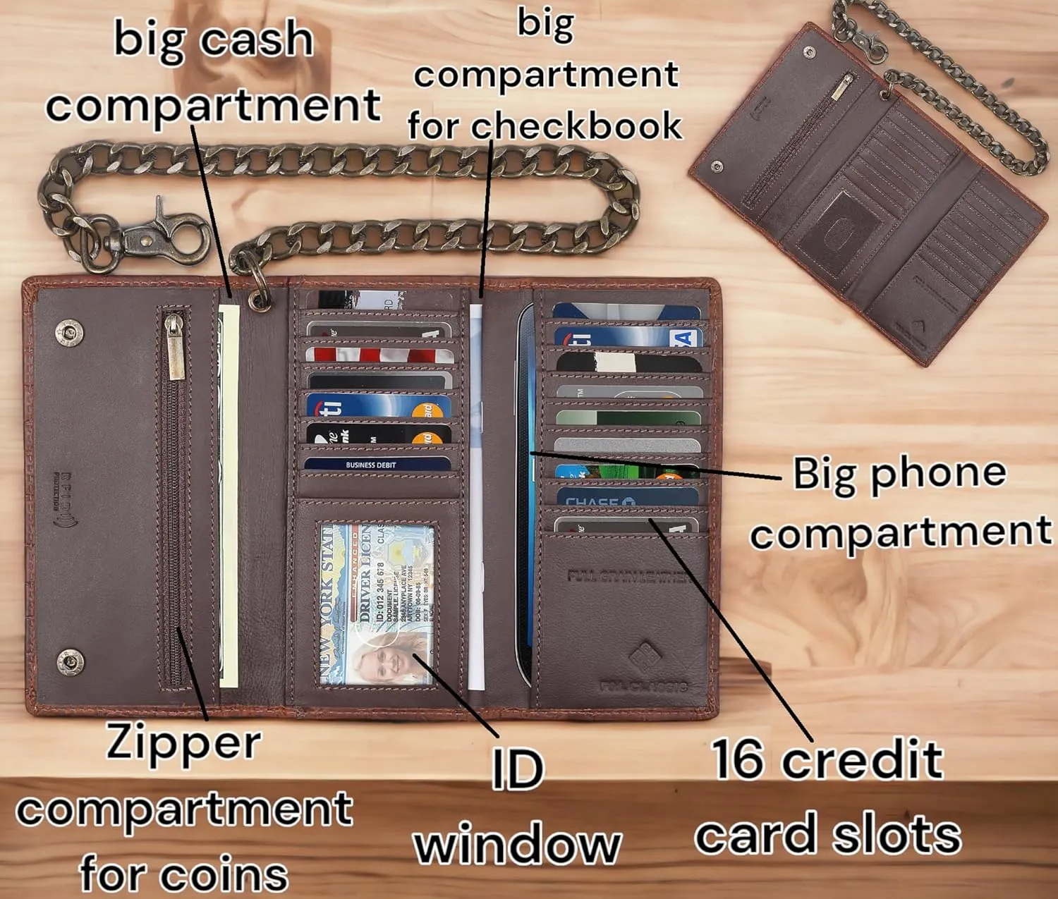 F&L CLASSIC RFID Blocking Mens Tri-fold Long Style buffalo crazy horse Leather Steel Chain Wallet,Crocodile style brown,212-20