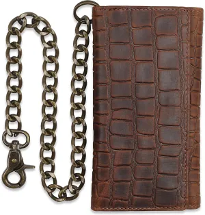 F&L CLASSIC RFID Blocking Mens Tri-fold Long Style buffalo crazy horse Leather Steel Chain Wallet,Crocodile style brown,212-20