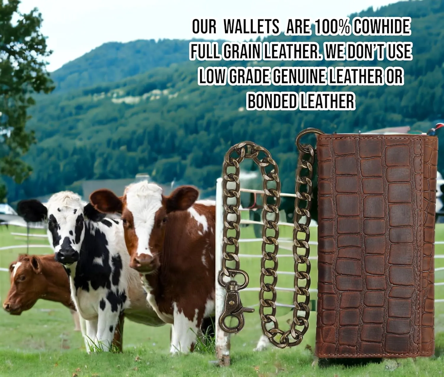 F&L CLASSIC RFID Blocking Mens Tri-fold Long Style buffalo crazy horse Leather Steel Chain Wallet,Crocodile style brown,212-20