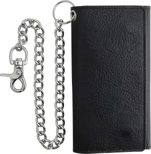 F&L CLASSIC RFID Blocking Mens Tri-fold Long Style Cowhide Leather Steel Chain Wallet,Black