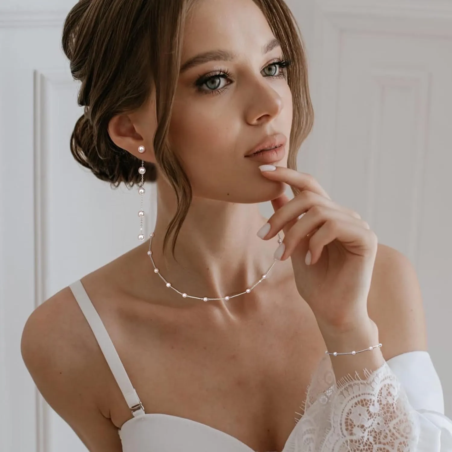 Fansilver Gold Jewelry Set for Women 14K Gold Pearl Necklace for Women Pearl Necklace and Earring Set Wedding Jewelry Sets