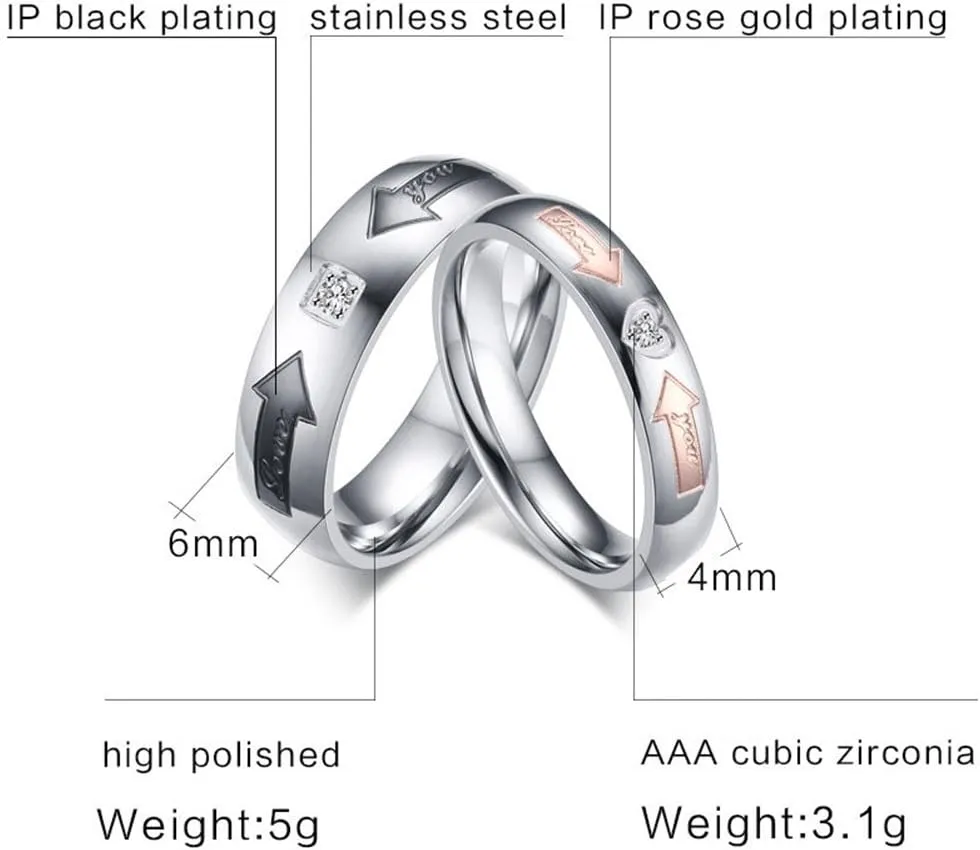 Fashion Month Mens Womens 4mm 6mm Black Rose Gold Stainless Steel Ring Couples Arrow Engraved CZ Wedding Engagement Band for Him and Her Comfort Fit
