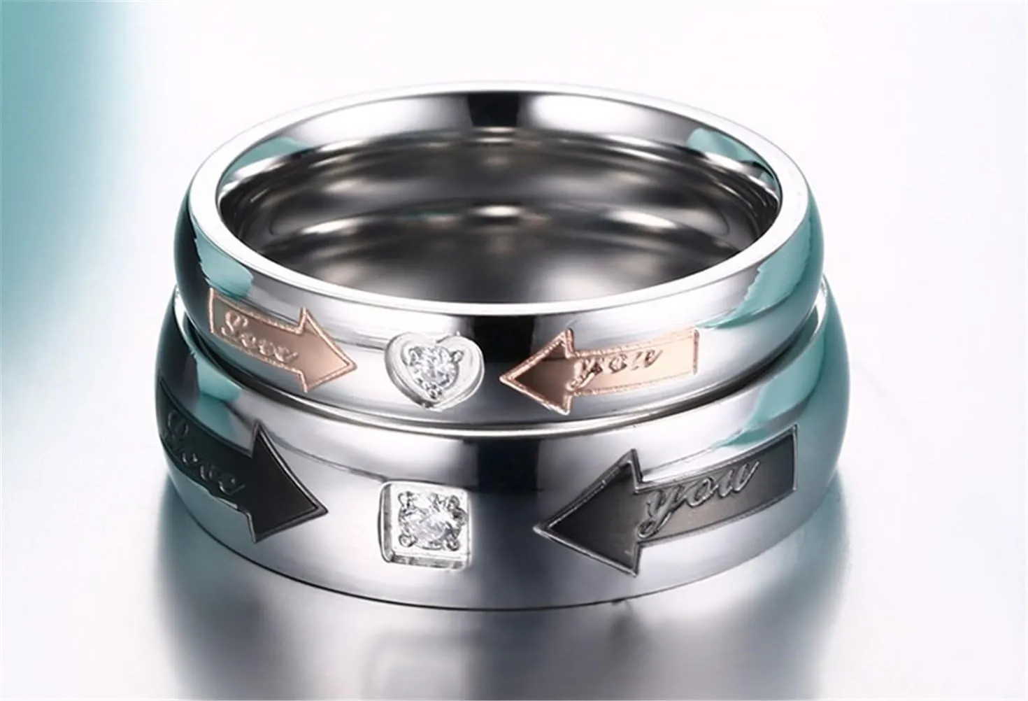 Fashion Month Mens Womens 4mm 6mm Black Rose Gold Stainless Steel Ring Couples Arrow Engraved CZ Wedding Engagement Band for Him and Her Comfort Fit