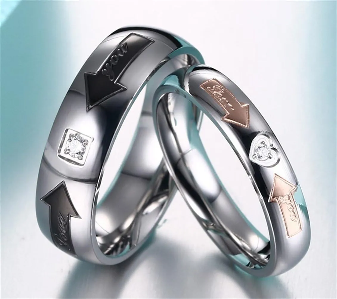 Fashion Month Mens Womens 4mm 6mm Black Rose Gold Stainless Steel Ring Couples Arrow Engraved CZ Wedding Engagement Band for Him and Her Comfort Fit