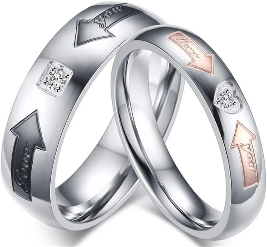 Fashion Month Mens Womens 4mm 6mm Black Rose Gold Stainless Steel Ring Couples Arrow Engraved CZ Wedding Engagement Band for Him and Her Comfort Fit